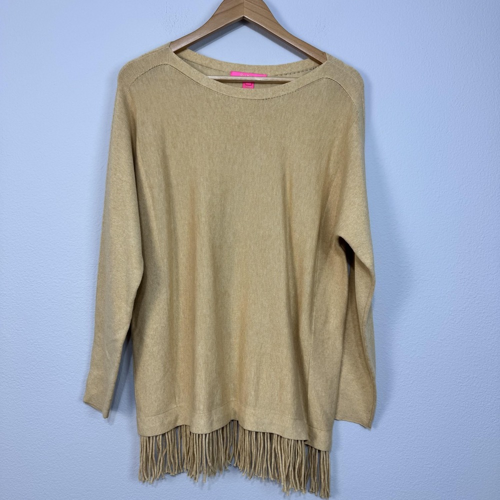 Lilly‎ Pulitzer Glenda Sweater Women's M Heathered Sand Bar Fringe Hem Preppy